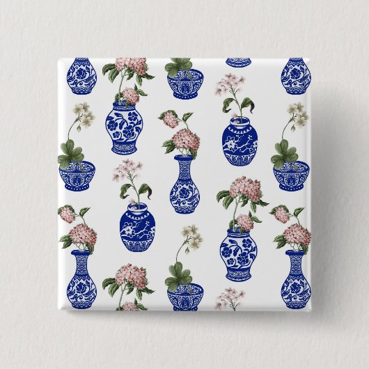 シノワズリーの青い花瓶と花 缶バッジ (正面)