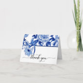 シノワズリーの鳥と花の青と白のウェディングシャワーのお祝い サンキューカード (正面)