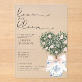 シノワズリーデザインのピンクのブライダルシャワー「Love in Bloom」 アクリル招待状 (正面)