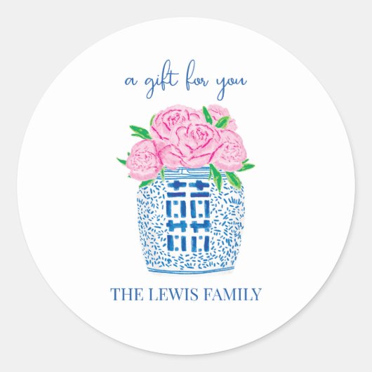 シノワズリープランターの牡丹ギフトステッカー ラウンドシール (正面)