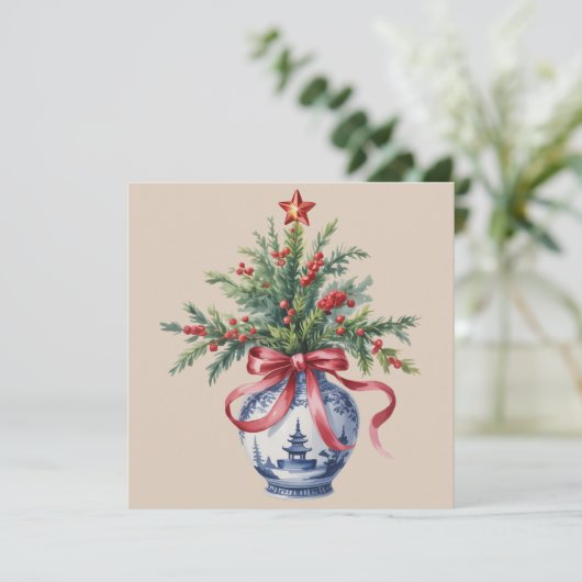 シノワズリー クリスマス ツリー 赤いリボン 花瓶 アンティーク (スタンド正面)