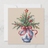 シノワズリー クリスマス ツリー 赤いリボン 花瓶 アンティーク (正面)