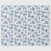 シノワズリー ブルー クリスマス ビレッジ ラッピングペーパー (フラット)