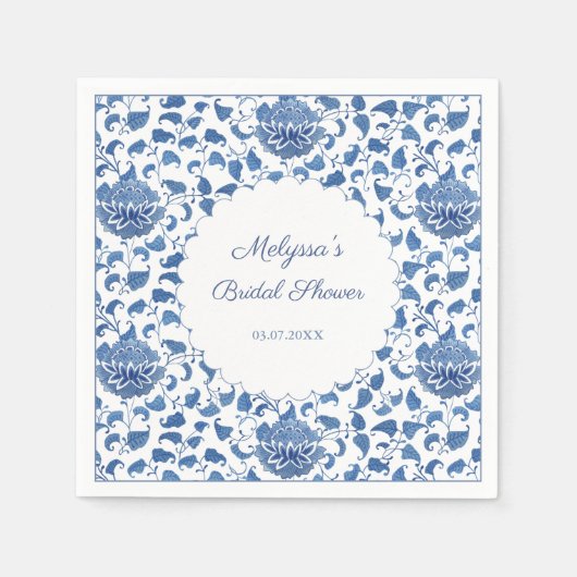 シノワズリー ブルー&ホワイト フラワー ウェディング シャワー スタンダードカクテルナプキン (正面)