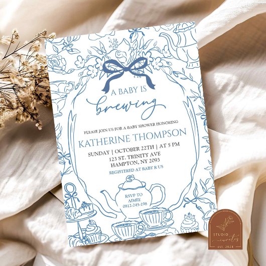 シノワズリー ベイビー お茶を淹れる 花のベイビーシャワー 招待状