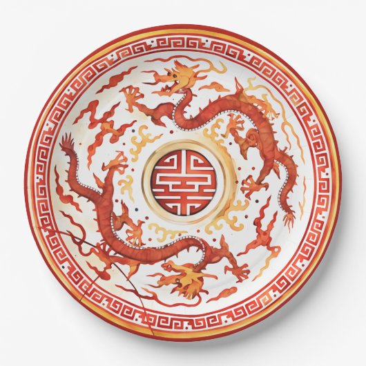 シノワズリー 赤金 インプリアルドラゴン 偽中国 ペーパープレート (正面)