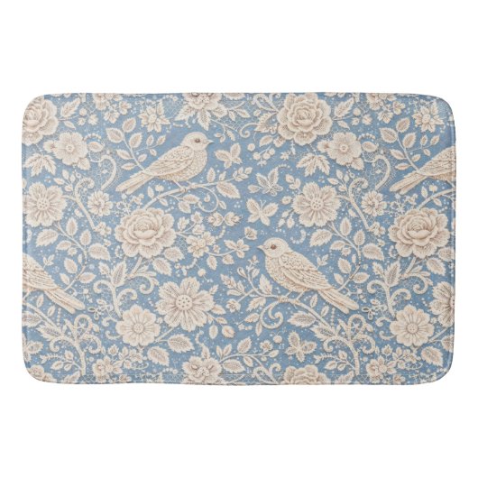 シノワズリ柄の鳥と花のシームレス パターン バスマット (正面)
