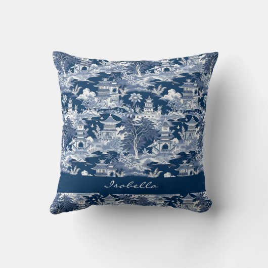 シノワセリーアジア絵画の風景の青い白 クッション (裏面)