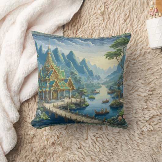 シバートアジア風光明媚な青と緑の装飾 クッション (ブランケット)