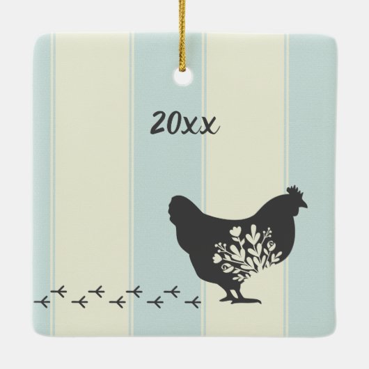 シパーソナライズされたルエットチキンウィズフラワーファーム セラミックオーナメント (裏面)