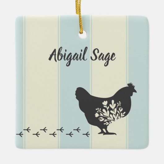 シパーソナライズされたルエットチキンウィズフラワーファーム セラミックオーナメント (正面)