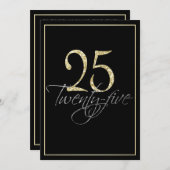 シフォーマルルバーブラックと金ゴールドの25歳の誕生日パーティー 招待状 (正面/裏面)