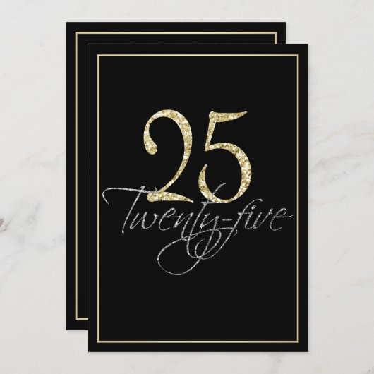 シフォーマルルバーブラックと金ゴールドの25歳の誕生日パーティー 招待状 (正面/裏面)