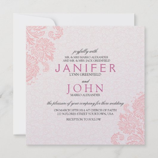 シフトピンク&ホワイトフローラダマスクウェディング招待状 招待状 (裏面)