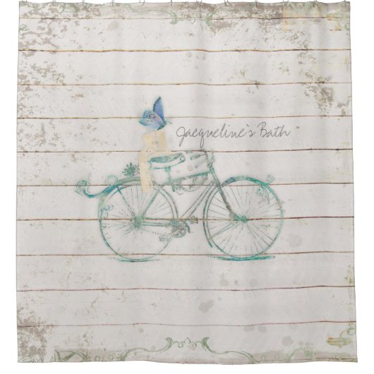 シプラップヴィンテージ木製ビクトリアン木自転車名 シャワーカーテン (正面)