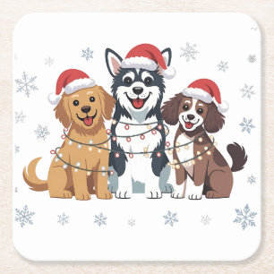 シベリアおもしろいハスキー犬の恋人クリスマスツリー スクエアペーパーコースター