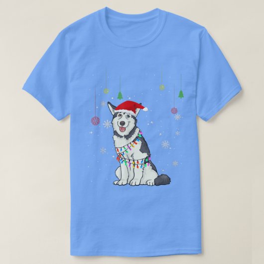 シベリアおもしろいハスキー犬サンタハットクリスマスライト Tシャツ (デザイン正面)