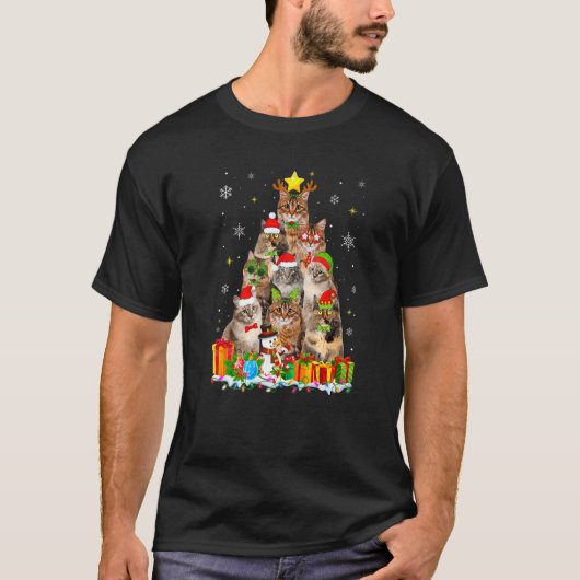 シベリアのクリスマスツリー トナカイ 猫 飾り Tシャツ (正面)