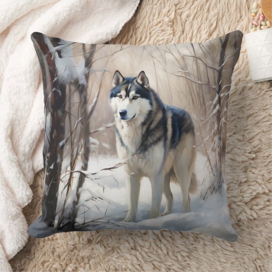 シベリアのハスキーが雪のクリスマスを過ごす クッション (ブランケット)