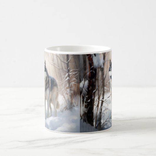 シベリアのハスキーが雪のクリスマスを過ごす コーヒーマグカップ (中央)