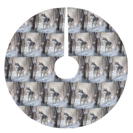 シベリアのハスキーが雪のクリスマスを過ごす ブラッシュドポリエステルツリースカート (正面)