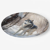 シベリアのハスキーが雪のクリスマスを過ごす ペーパープレート (アングル)