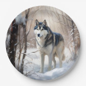 シベリアのハスキーが雪のクリスマスを過ごす ペーパープレート (正面)
