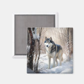 シベリアのハスキーが雪のクリスマスを過ごす マグネット (正面/裏面)