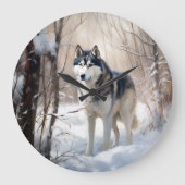 シベリアのハスキーが雪のクリスマスを過ごす ラージ壁時計 (正面)