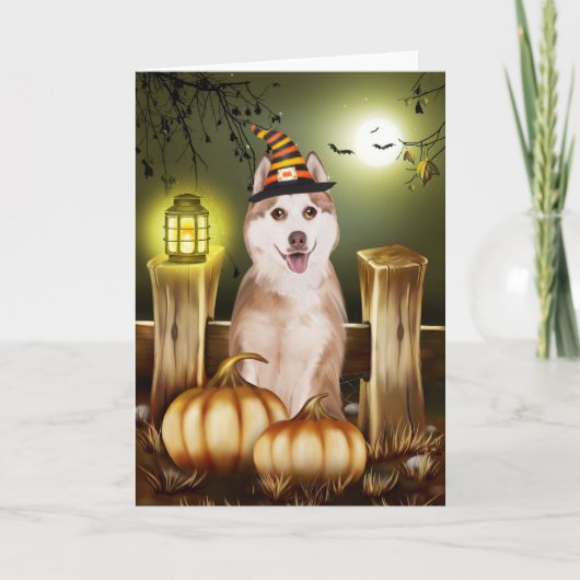 シベリアのハスキーとウィッチハットハロウィーン カード (正面)