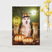 シベリアのハスキーとウィッチハットハロウィーン カード (黄色い花)