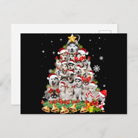 シベリアのハスキーなクリスマスツリーのライト |犬のクリスマス シーズンポストカード (正面/裏面)
