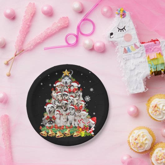 シベリアのハスキーなクリスマスツリーのライト |犬のクリスマス ペーパープレート (パーティー)