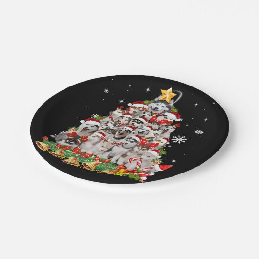シベリアのハスキーなクリスマスツリーのライト |犬のクリスマス ペーパープレート (アングル)
