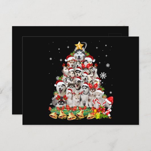 シベリアのハスキーなクリスマスツリーのライト |犬のクリスマス 案内ポストカード (正面/裏面)