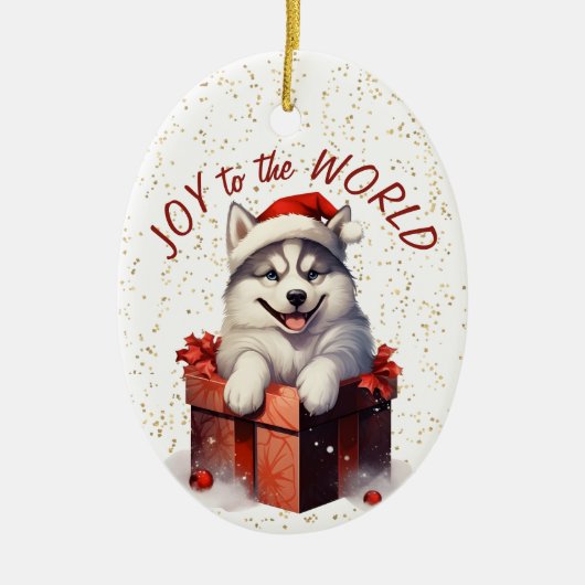 シベリアのハスキーのギフトボックスの喜び世界休日 セラミックオーナメント (正面)