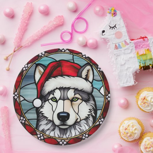 シベリアのハスキーのステンドグラスのクリスマス ペーパープレート (パーティー)