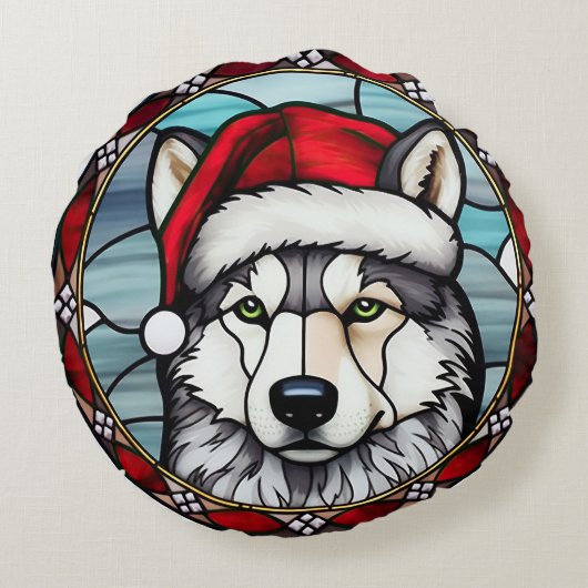 シベリアのハスキーのステンドグラスのクリスマス ラウンドクッション (裏面)