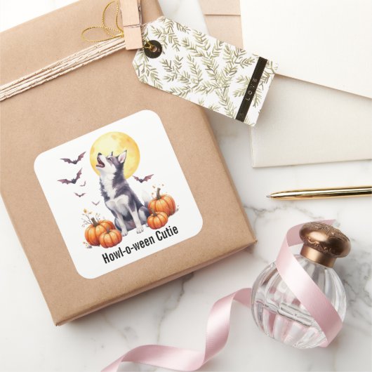 シベリアのハスキーの子犬ハロウィーンの水色 スクエアシール (ギフト)