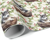 シベリアのハスキーの子犬バスケットクリスマスホリー ラッピングペーパー (ロールコーナー)