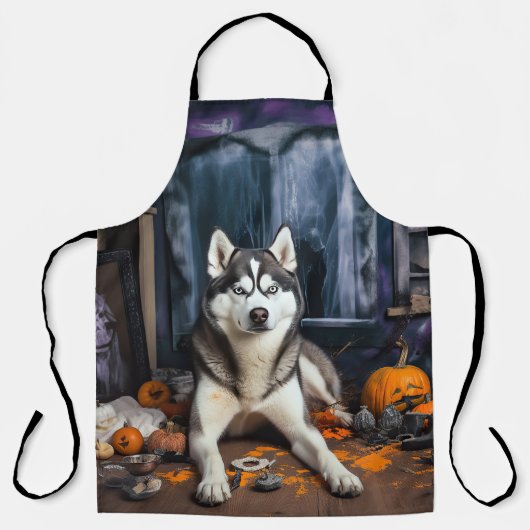 シベリアのハスキーカボチャのハロウィーン怖い エプロン (正面)