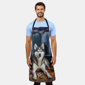 シベリアのハスキーカボチャのハロウィーン怖い エプロン (着用した状態)