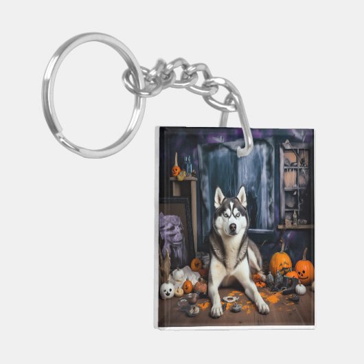 シベリアのハスキーカボチャのハロウィーン怖い キーホルダー (正面左)
