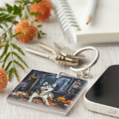 シベリアのハスキーカボチャのハロウィーン怖い キーホルダー (正面右)