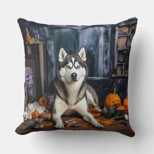 シベリアのハスキーカボチャのハロウィーン怖い クッション (正面)