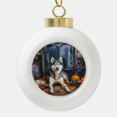 シベリアのハスキーカボチャのハロウィーン怖い セラミックボールオーナメント (正面)