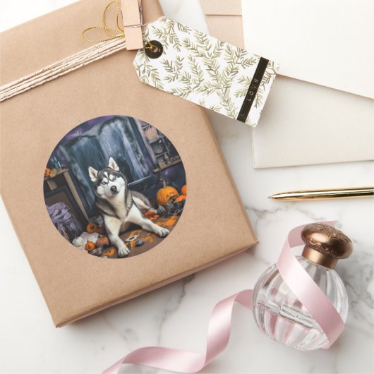 シベリアのハスキーカボチャのハロウィーン怖い ラウンドシール (ギフト)