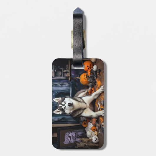 シベリアのハスキーカボチャのハロウィーン怖い ラゲッジタグ (裏面縦)