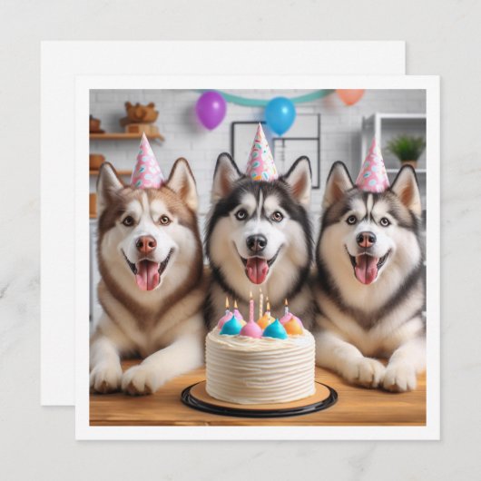 シベリアのハスキーカード、ハスキーカード、犬の誕生日 招待状 (正面/裏面)