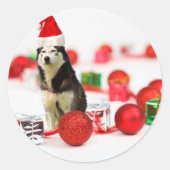 シベリアのハスキークリスマスとオーナメントギフトボックス ラウンドシール (正面)